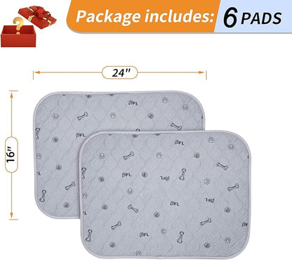 Washable pee pads for dogs, 6Pack Reusable Puppy Pads, Absorbent Whelping Pads with Bone Print, Non-Slip Waterproof Pet Training Pads for Couch, Crate, Potty Training -16x24