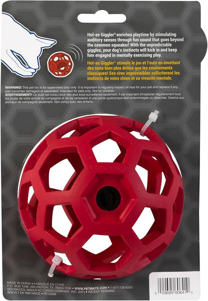 JW Pet Hol-ee Giggler Dog Toy Puzzle Ball, Natural Rubber, Medium (4.5 Inch Diameter), Red