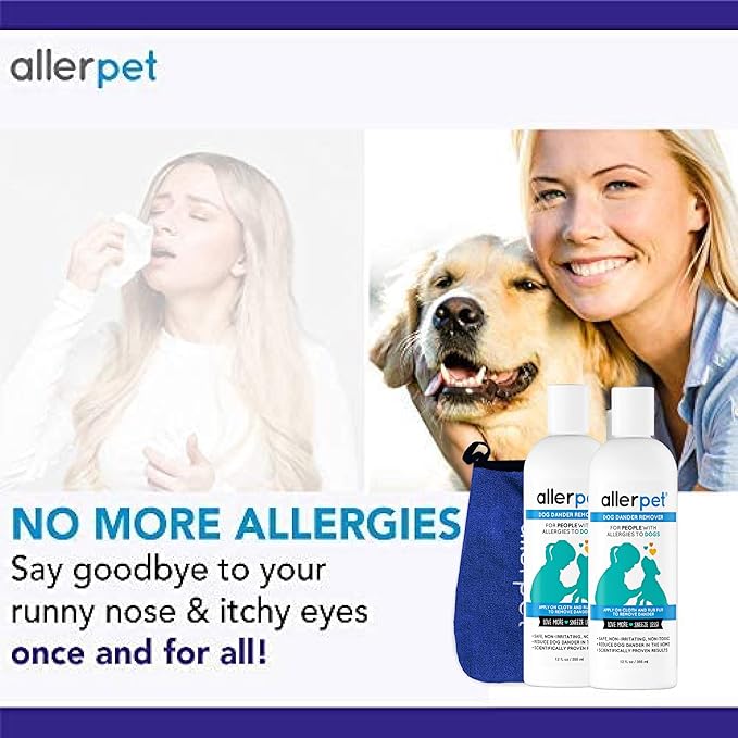 Allerpet Dog Dander Remover w/Free Applicator Mitt - Best Pet Dander Remover for Allergens - for Canine Dry Skin Treatment - Good for Fur & Skin - 2 Pack (12oz)