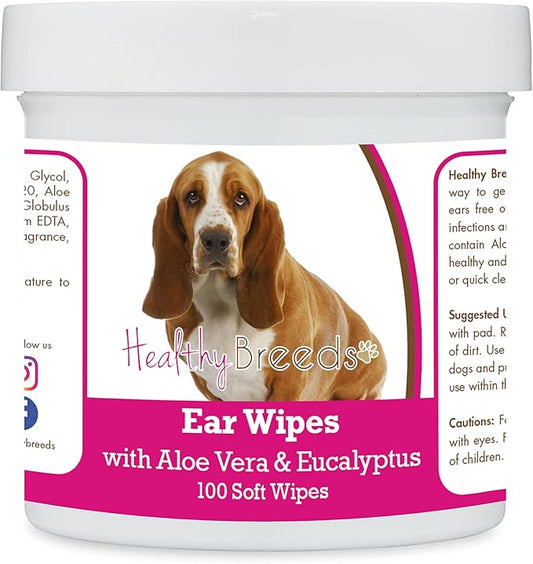 Healthy Breeds Basset Hound Ear Cleaning Wipes with Aloe & Eucalyptus for Dogs 100 Count,White