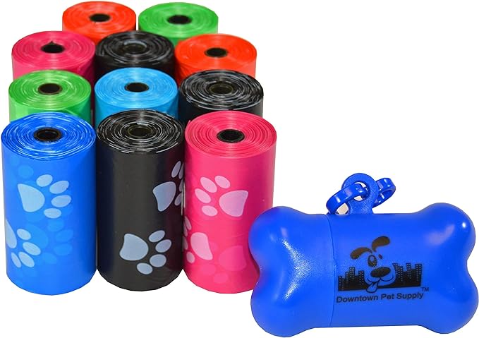 Downtown Pet Supply 220 Count Dog Poop Bags Refills with Leash Clip and Bone Bag Dispenser, Rainbow with Paw Prints - Dog Waste Bags Unscented and Leak-Proof with Dog Poop Bag Dispenser - 12.5 x 8.5"