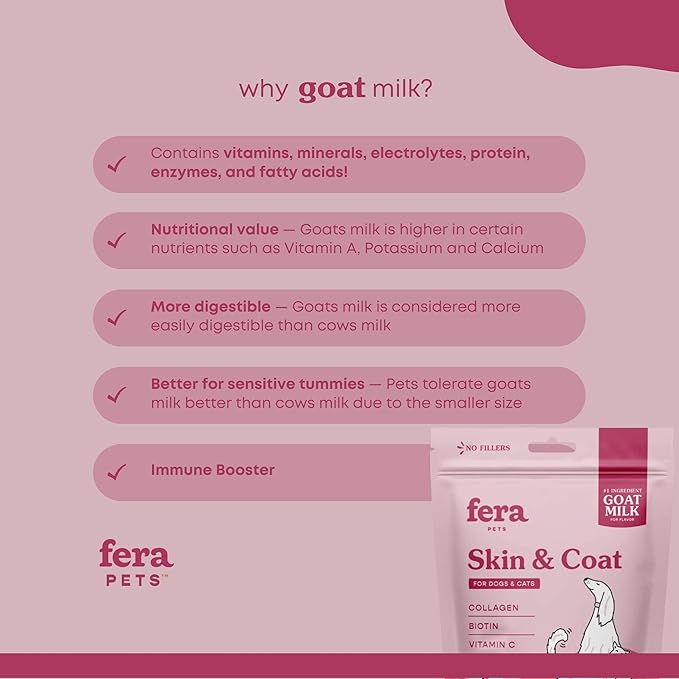 Fera Pets Skin & Coat Goat Milk Cat & Dog Food Topper – Vet Created - Pet Coat Thickness & Skin Hydration - Collagen, Biotin & Vitamin C - 60 Servings