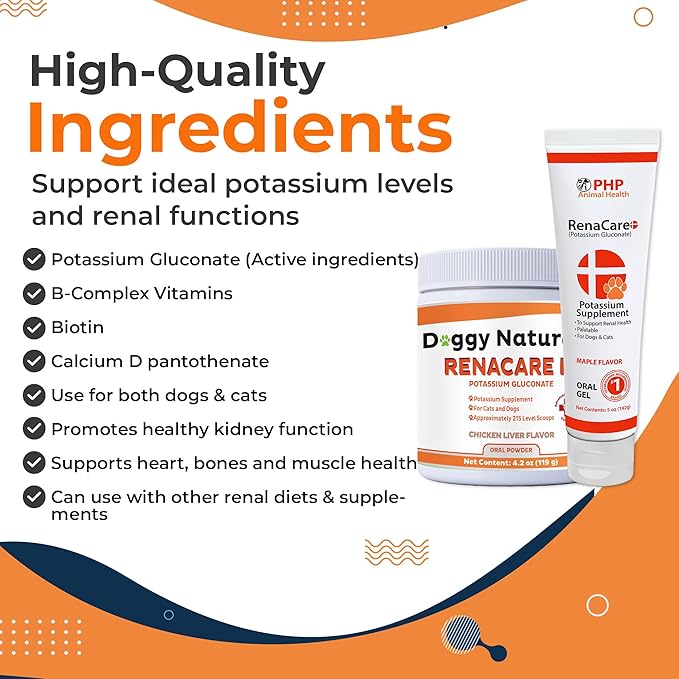 RenaCare K is for Renal K (Potassium Gluconate) Potassium Supplement Gel for Dogs and Cats, (5 oz) with Maple Flavor (Made in U.S.A)
