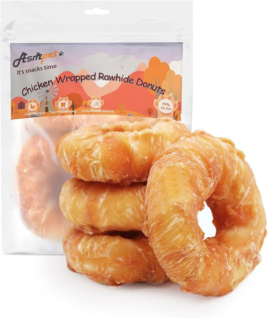 ASMPET Dog Bones for Large Dogs, Chicken Wrapped Rawhide Donuts Dog Bones Long Lasting Dog Treats Large Breed Dog Chews Bones for Medium Dogs Rawhide Bones for large dogs Small Dogs（Pack of 4）