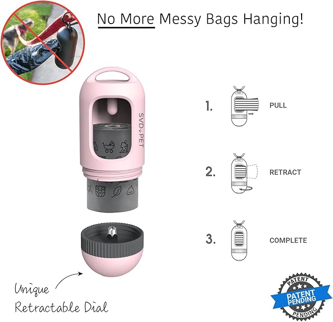 SVD.PET Dog Poop Bag Dispenser, Retractable Waste Bag Fits Any Dog Leash, Compostable Poop Bag Holder, Dog Walking Accessory (Primrose Pink)