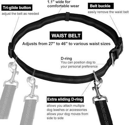 Hands Free Dog Leash for Running Walking Training Hiking, Dual-Handle Reflective Bungee, Poop Bag Dispenser Pouch, Adjustable Waist Belt, Shock Absorbing, Ideal for Medium to Large Dogs (Black W Blue)