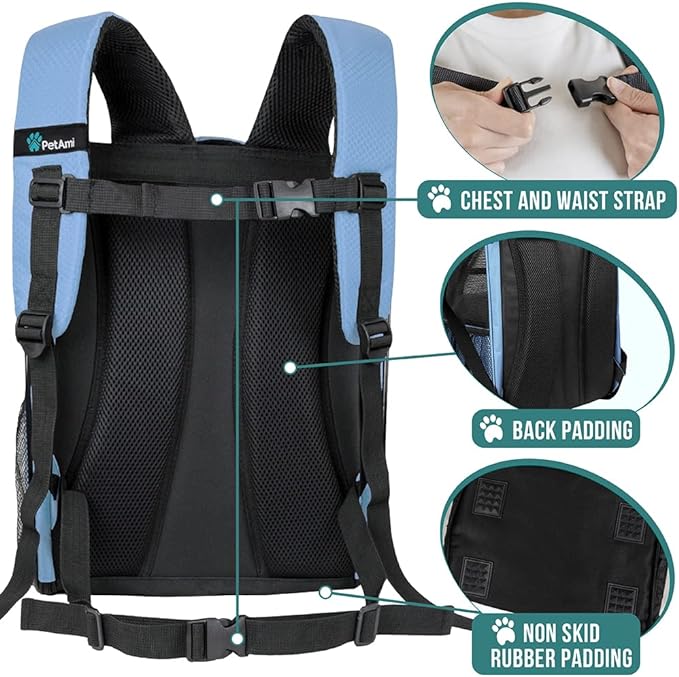 PetAmi Dog Backpack Carrier for Small Large Cat, Pet, Puppy, Ventilated Pet Hiking Backpack Travel Bag, Airline Approved Cat Backpack Carrier, Camping Biking Dog Bag Up to 18lbs Pet, Light Blue
