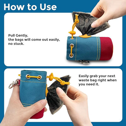 Dog Poop Bag Holder, Portable Dog Poop Bag Dispenser with 1 Metal Clip, Bucket Fashion Color Matching Canvas Poop Pag Polders for Leashes