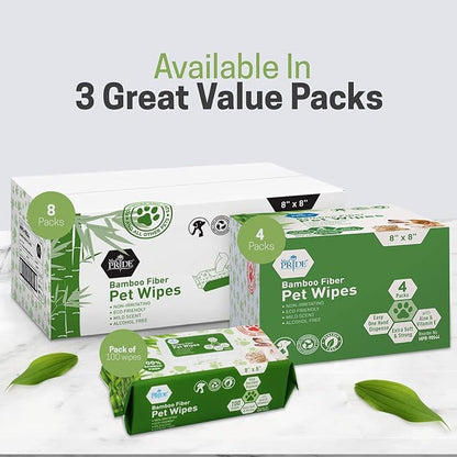 MED PRIDE Pet Wipes XL [8 Packs = 800 Wipes] 8”x8” - 100% Bamboo Fiber Hypoallergenic Dog and Cat Cleaning Wipes with Aloe Vera- Alcohol and Paraben-Free Deodorizing Pet Wipes- Dog/Puppy Bath Wipes