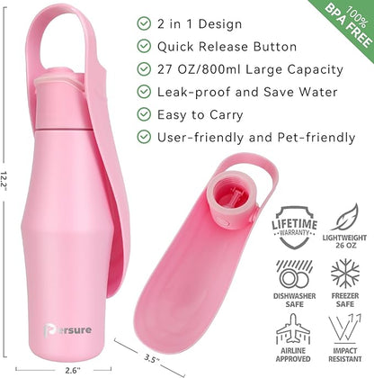 Dog Water Bottle, Portable Dog Water Bottle Dispenser - 27 OZ Stainless Steel Leak-Proof Water Bottle for Dogs On The Go, Perfect for Travel, Walking, Hiking and Outdoor Activities, Pink