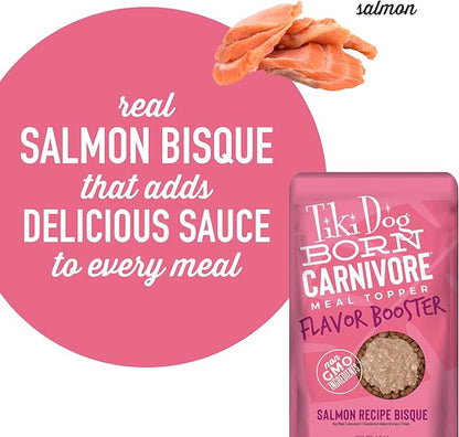 Tiki Dog Born Carnivore Flavor Booster, Salmon Recipe Bisque, Grain Free Meat Based Treat, Meal Topper for All Dog Breeds and All Life Stages, 1.5 oz Pouch, Pack of 12