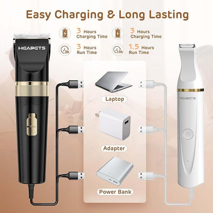 Dog Hair Clippers for Grooming Kit and Dog Paw Trimmer for Grooming, Low Noise Rechargeable Cordless, Shaver Grooming Supplies for Pet Cats Dogs (Black, White)