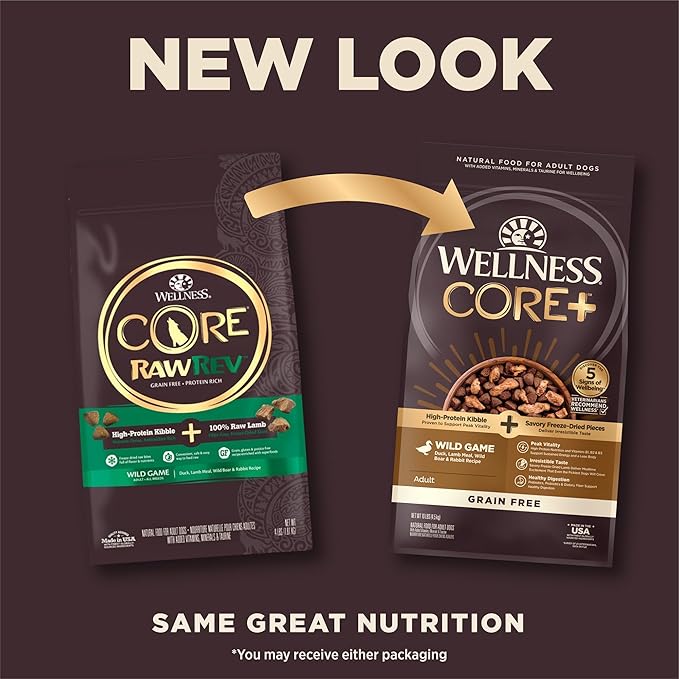 Wellness CORE+ Natural Grain Free Dry Dog Food, Wild Game Duck, Wild Boar & Rabbit with Freeze Dried Lamb, 10-Pound Bag
