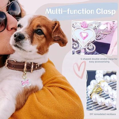 2 Pack Dog Tag Clips, Stainless Steel Double Opening Pet Tag Quick Clip with Tag Ring + Bone Shape Dog ID Tag, Metal Pet Nametag Holder for Dog Cat Collars Harnesses