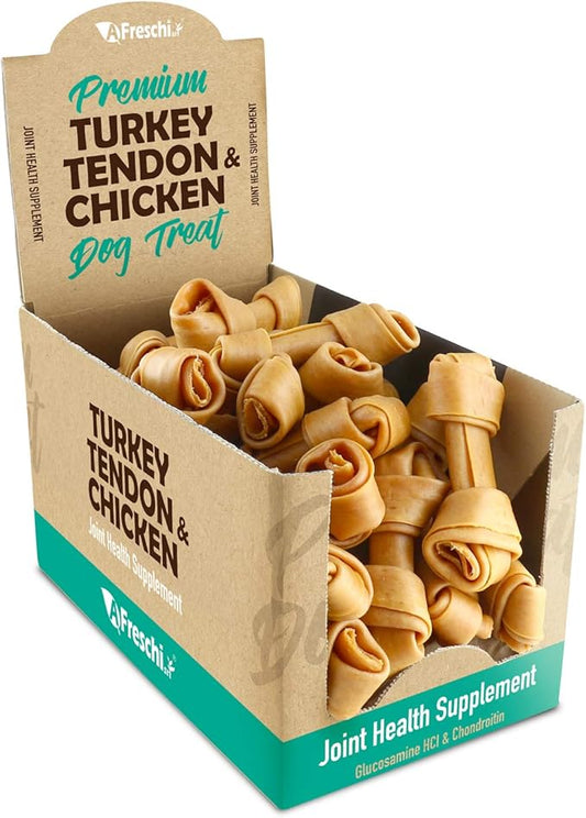 AFreschi Turkey Tendon and Chicken for Dogs, All-Natural Joint Health Supplement (Glucosamine and Chondrotin), Good for Senoir dog Chew, Dog Treat, Hypoallergenic, Alternative to Rawhide (Medium)