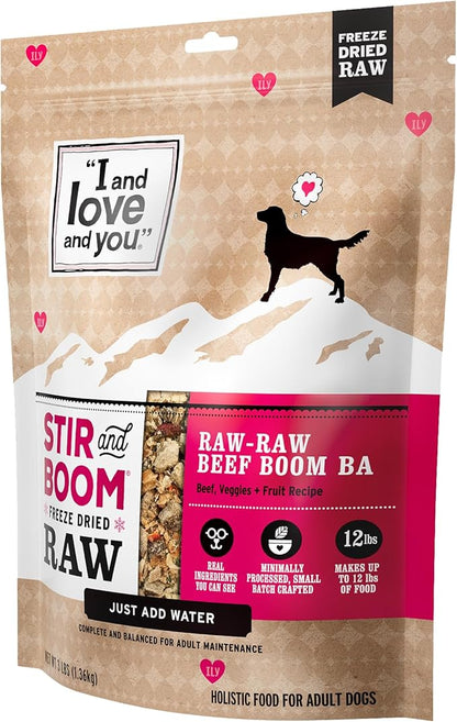 I AND LOVE AND YOU Stir and Boom Dehydrated Freeze Dried Raw Dog Food - Beef - Grain Free, Real Meat, No Fillers, 3lb Bag