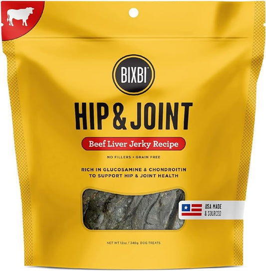 BIXBI Hip & Joint Support Beef Liver Jerky Dog Treats, 12 oz - USA Made Grain Free Dog Treats - Glucosamine, Chondroitin for Dogs - High in Protein, Antioxidant Rich, Whole Food Nutrition, No Fillers