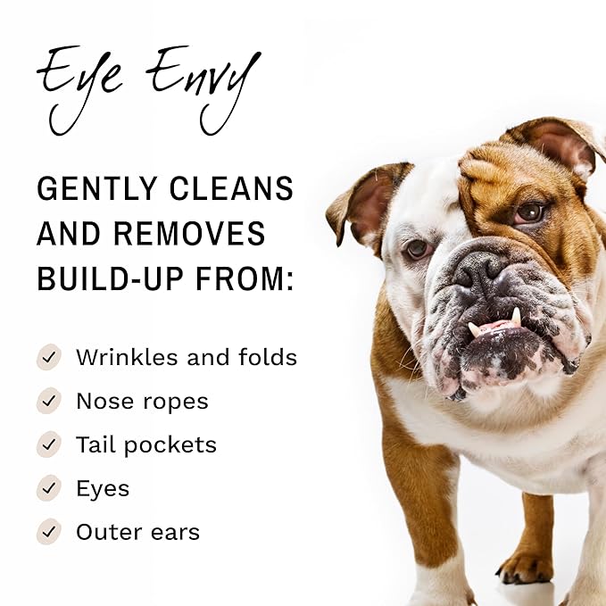 Eye Envy Bulldog Wrinkle Wipes | Wrinkle Wipes for French Bulldog, Pug, English Bulldog | Cleans Wrinkles, Bulldog Tail Pockets | Removes stains and odors | Natural, fragrance free wipes | 60 count