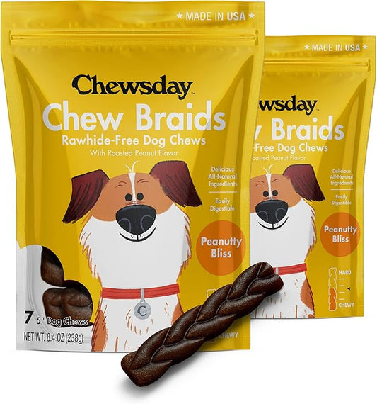 5-Inch Dog Chew Braids, Made in The USA, All Natural Rawhide-Free Highly-Digestible Treats, Peanutty Bliss - 14 Count