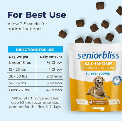 Vetnique Seniorbliss Senior Dog Multivitamin with Glucosamine, Omega 3 Fish Oil, and Probiotics - for Dog Joints, Digestive and Immune Support for Optimal Health (All-in-One Daily Vitamin, 30ct)