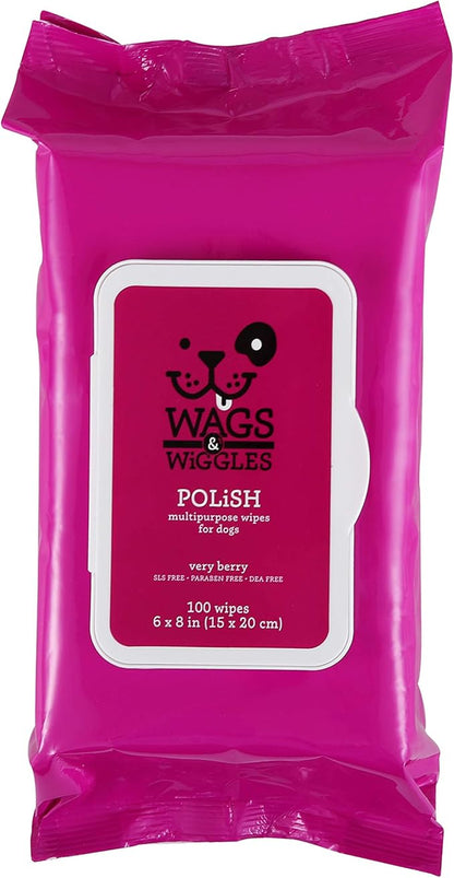 Wags & Wiggles Polish Multipurpose Wipes for Dogs | Clean & Condition Your Dog's Coat without A Bath | Fresh Very Berry Scent Your Dog Will Love, 100 Count - 12 Pack,FF12824PCS12