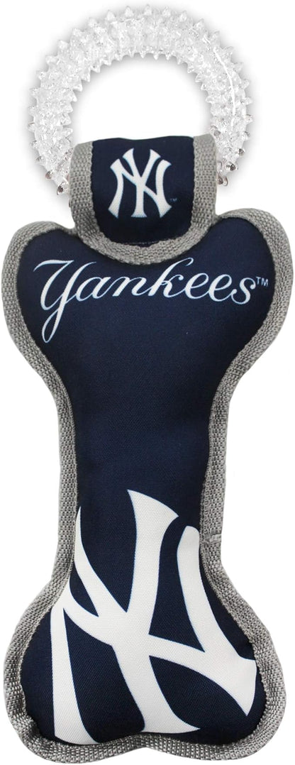 MLB New York Yankees Bone Shaped Dental Dog TUG Toy with Squeaker. Tough PET Toy for Healthy Fun, Teething, and Cleaning pet's Teeth and Gum.