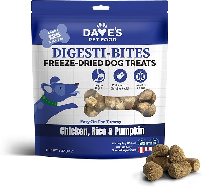 Dave's Pet Food Digesti-Bites Easy to Digest Freeze Dried Chicken Dog Treats with Pumpkin Fiber & Probiotics, Complete & Balanced Nutritious, Freeze Dried Dog Food Topper, USA Made (4 oz)