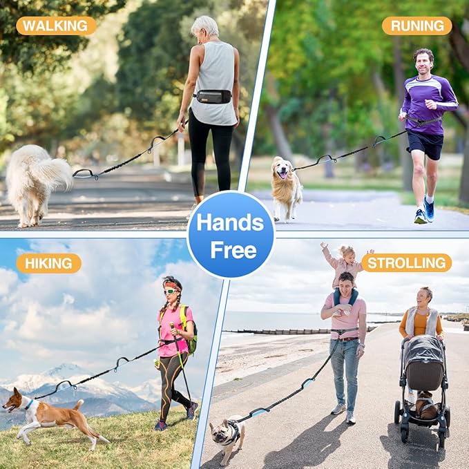 Kytely Hands Free Dog Leash with Zipper Pouch, Wide Padded Waist Dog Running Leash, Dual Padded Handles, Retractable Bungee for Walking Jogging Training Hiking