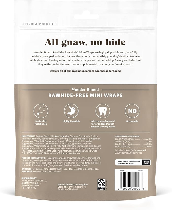 Amazon Brand - Wonder Bound Chicken Wrapped Mini Sticks - 15 Count - Rawhide-Free Dog Treats, Dental Health Chews for Plaque & Tartar Control, Easy to Digest, Long-Lasting, 7 ounce (Pack of 1)