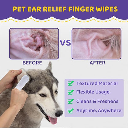 Dog Ear wipes Finger - Ear Finger Wipes for Dogs & Cats - Pet Ear Cleaning Finger Wipes - Sooths & Deodorizes, Prevent Ear Itch & Inflammation – Fresh Coconut Scent, All Natural Ingredients - 60 Count