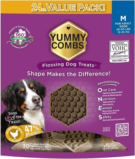 Dental Treats for Dogs | Vet VOHC Approved | Yummy Dog Treats for Teeth Cleaning | Shape to Scrape Tartar | Protein Treat | Dental Dog Treats for Medium Dogs (24oz, 30 Count)