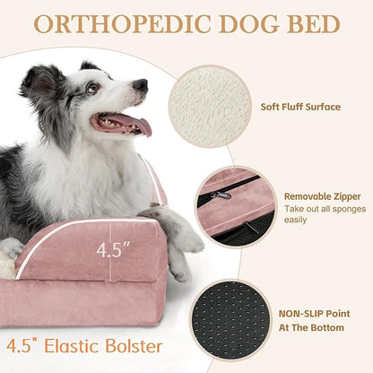 Large Dog Beds Waterproof Orthopedic Foam Dog Beds for Large Dogs Sofa Comfy Pet Bed with Non-Slip Bottom & Washable Removable Cover(Large,Pink)