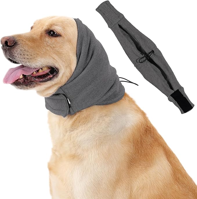 HEYWEAN Quiet Ears for Dogs Calming Headband with No Flap Ear Wraps for Anxiety Relief & Noise Protection Dog Ear Muffs with Velcro for Grooming Bathing Grey Large