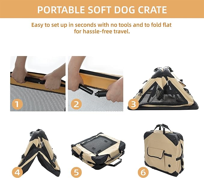 20 Inch Collapsible Dog Crate for Small Dogs, 4-Door Foldable Soft Dog Kennel with Chew Proof Mesh Windows, Indoor & Outdoor Travel Dog Crate, Soft Side Dog Crate,Beige