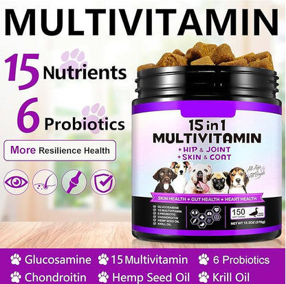 15-in-1 Dog Multivitamin Supplements with Glucosamine & Probiotics，Natural Daily Vitamins Chews for Dogs,Pet Health Support-Skin-Immunity-Gut Digestion-Joint-Heart,150 Pcs-Duck Flavor