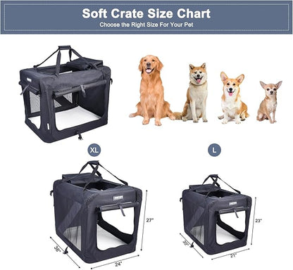 JESPET 30'' Soft Dog Crates Kennel for Pets, 3 Door Soft Sided Folding Travel Pet Carrier with Straps and Fleece Mat for Dogs, Cats, Rabbits, Grey Blue, Beige & Black (30”L x 21”W x23” H, Black)