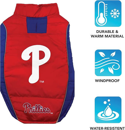 Pets First MLB Philadelphia Phillies Puffer Vest for Dogs & Cats, Medium. Warm, Cozy, & Waterproof Dog Coat, for Small & Large Dogs/Cats. Best MLB Licensed PET Warming Sports Jacket (PHP-4081-MD)