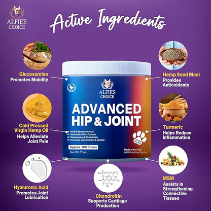 ALFIE'S CHOICE Hip and Joint Chews for Dogs - Advanced Hemp & Glucosamine for Dogs, Hip Joint Supplement for Dogs, Chicken Flavor Dog Joint Supplement Large Breed & Small Breed - 12 oz, Appx 160 Ct