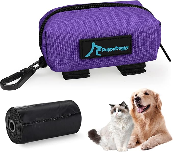 PuppyDoggy 1 Pack Poop Bag Holder for Dogs and Cats Waste Bag Dispenser Poop Bag Pouch Dispenser with 1 Roll of Free Poop Bags for Dog Leash Accessory Bicycle (Purple)
