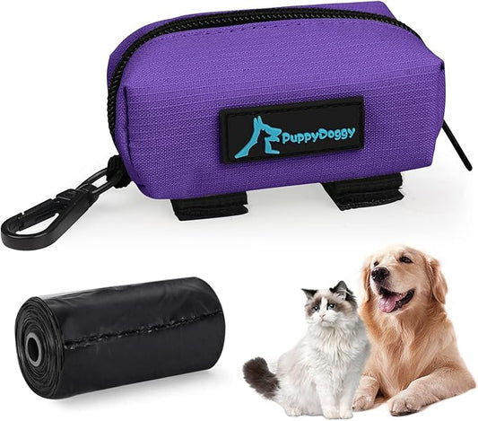 PuppyDoggy 1 Pack Poop Bag Holder for Dogs and Cats Waste Bag Dispenser Poop Bag Pouch Dispenser with 1 Roll of Free Poop Bags for Dog Leash Accessory Bicycle (Purple)