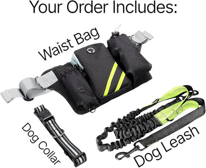 Retractable Bungee Hands Free Dog Leash with Zipper Pouch, Padded Waist Dog Leash, Dog Running Leash Handsfree with Dual Handles and Reflective Stitching for Walking Running Jogging Hiking, Waist Belt