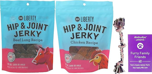 Bixbi Liberty Hip & Joint Jerky Dog Treats 2 Flavor Variety, (1) Each: Beef Lung, Chicken (5 Ounces) Plus Rope Toy and Fun Facts Booklet Bundle