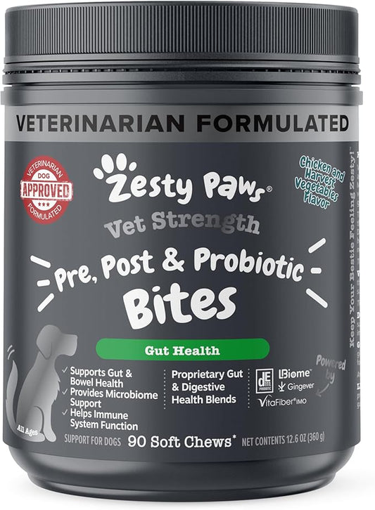 Zesty Paws Probiotics for Dogs - Digestive Enzymes for Gut Flora, Digestive Health, Diarrhea & Bowel Support - Clinically Studied DE111 - Dog Supplement Soft Chew for Pet Immune System - VS, 90 Count