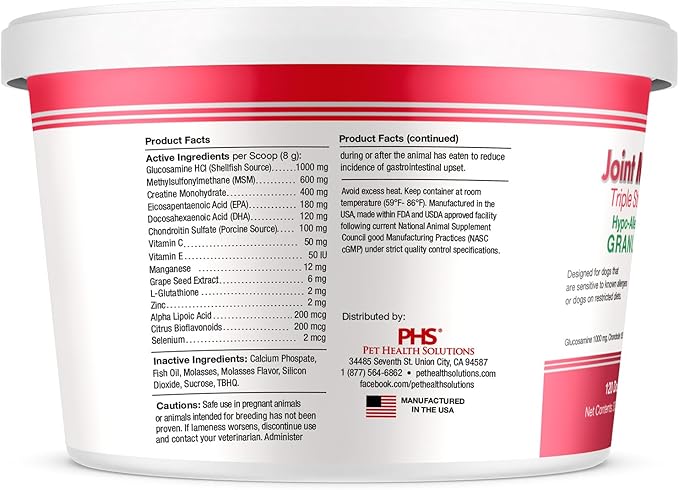 Triple Strength HA Granules for Dogs, Glucosamine, Chondroitin, Creatine, MSM and Antioxidants - Hip and Joint Support Supplement, 120 Doses