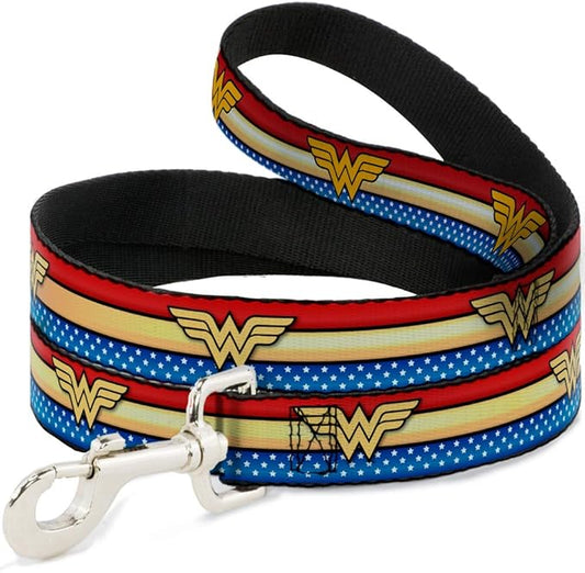 Dog Leash Wonder Woman Logo Stripe Stars Red Gold Blue White 6 Feet Long 1.5 Inch Wide