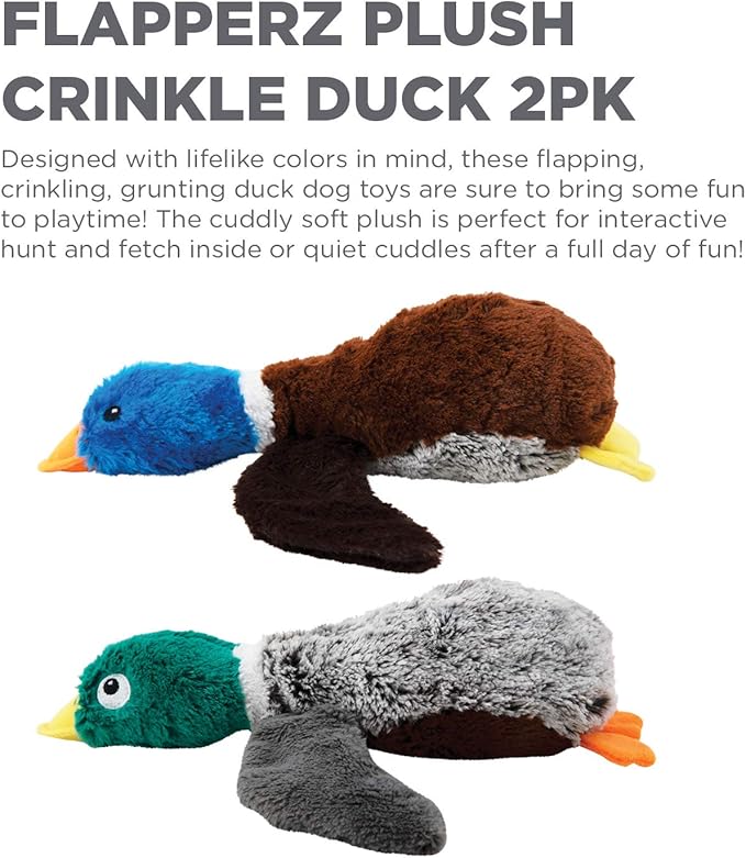 Outward Hound Flapperz Plush Crinkle Duck Dog Toy, 2-Pack - Grunt, Crinkle & Flop, Small