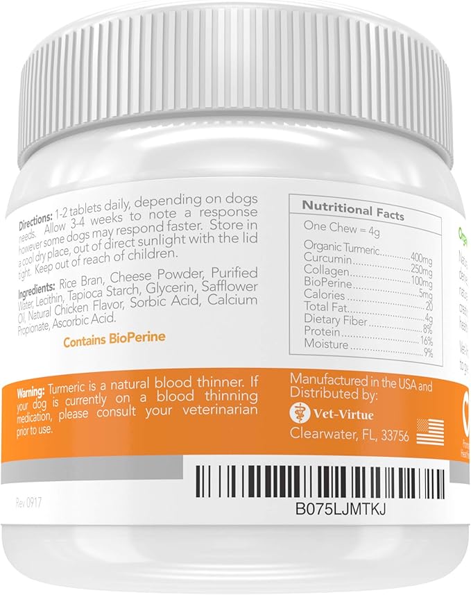 Turmeric for Dogs - Organic Turmeric with Curcumin, Hip and Joint Supplement Dogs Soft Chew, with Collagen and Bioprene, High Absorption Eliminates Joint Pain Inflammation - 60 Count