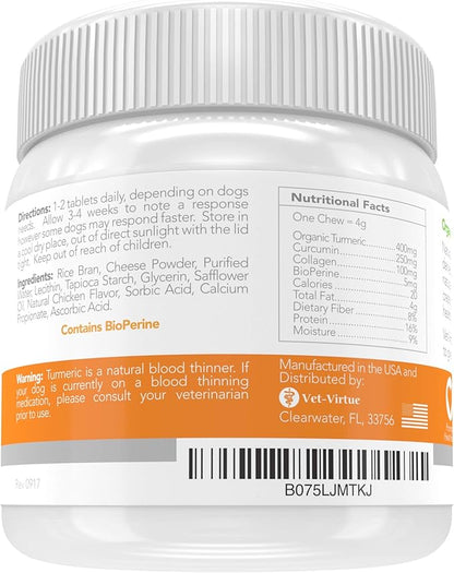 Turmeric for Dogs - Organic Turmeric with Curcumin, Hip and Joint Supplement Dogs Soft Chew, with Collagen and Bioprene, High Absorption Eliminates Joint Pain Inflammation - 60 Count