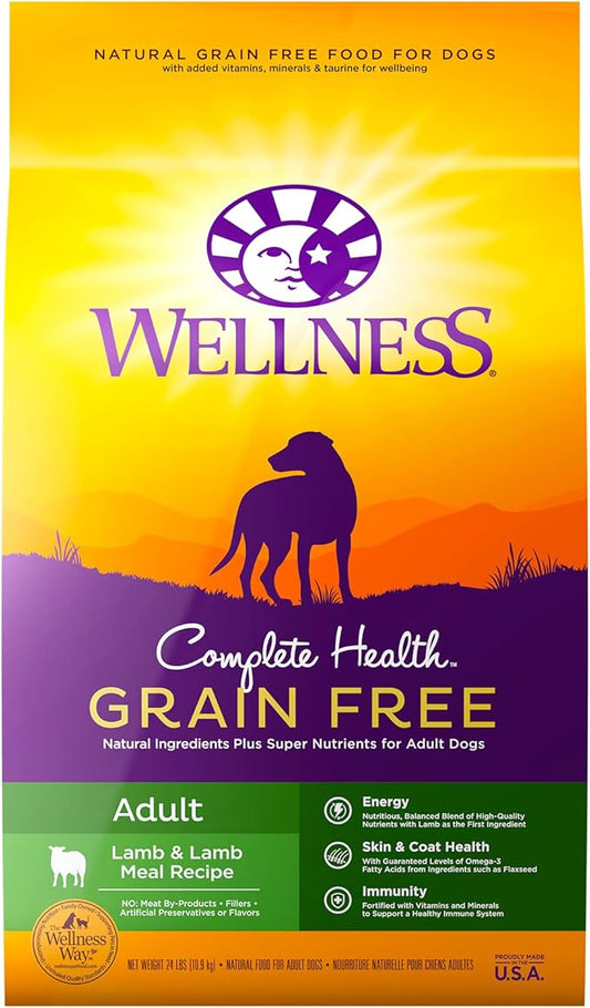 Wellness Complete Health Grain-Free Dry Dog Food, Natural Ingredients, Made in USA with Real Meat, For All Lifestages (Lamb, 24-Pound Bag)
