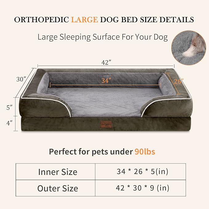 XL Dog Bed for Extra Large Dogs, Waterproof Orthopedic Foam Dog Beds with Bolster, Washable Dog Bed Sofa Pet Bed with Removable Cover & Non-Slip Bottom(X-large,Dark Green)